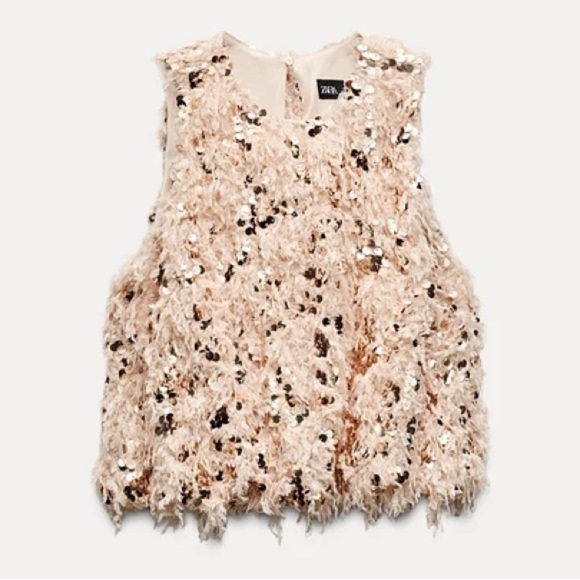 Zara viral blush pink feather sequin crop top - size Small (S) NWOT - Picture 6 of 11